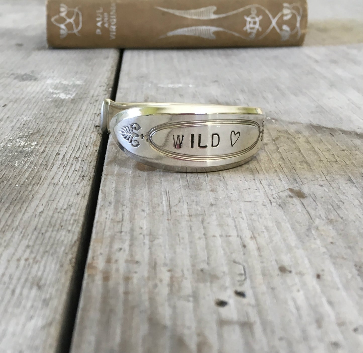Spoon cuff bracelet handstamped Wild Heart 3596