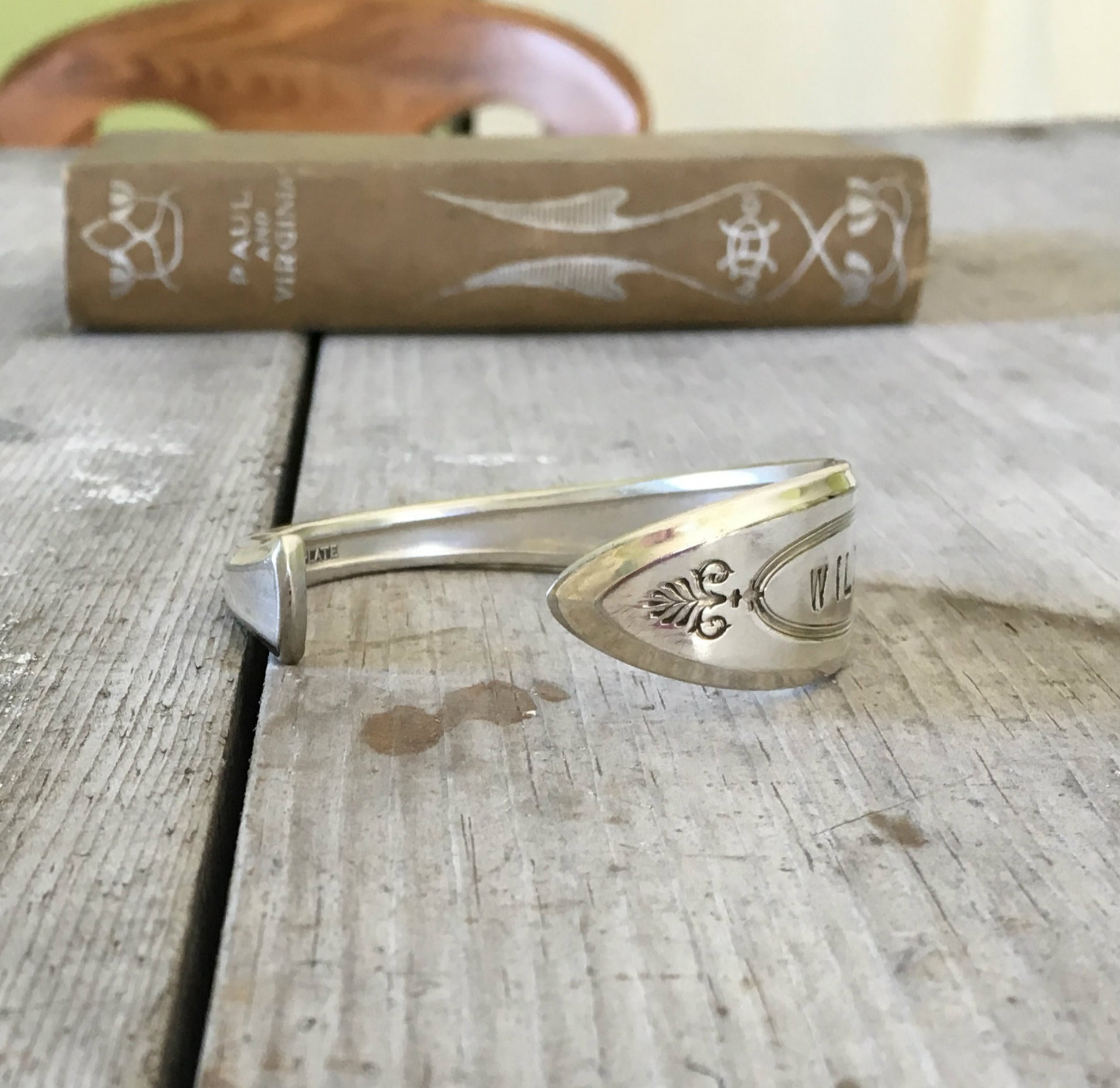 Upcycled Serving Spoon Cuff Bracelet on Community Plate Adam Pattern 3596
