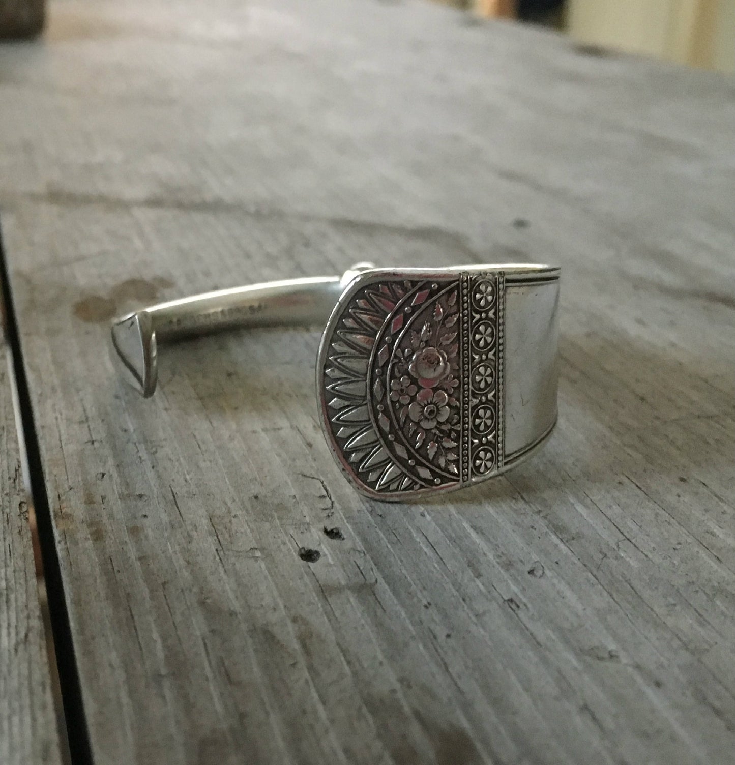 Rogers and Brothers Westminster pattern silverplate spoon cuff bracelet detailed view - handcrafted from upcycled vintage silverware - Laughing Frog Studio