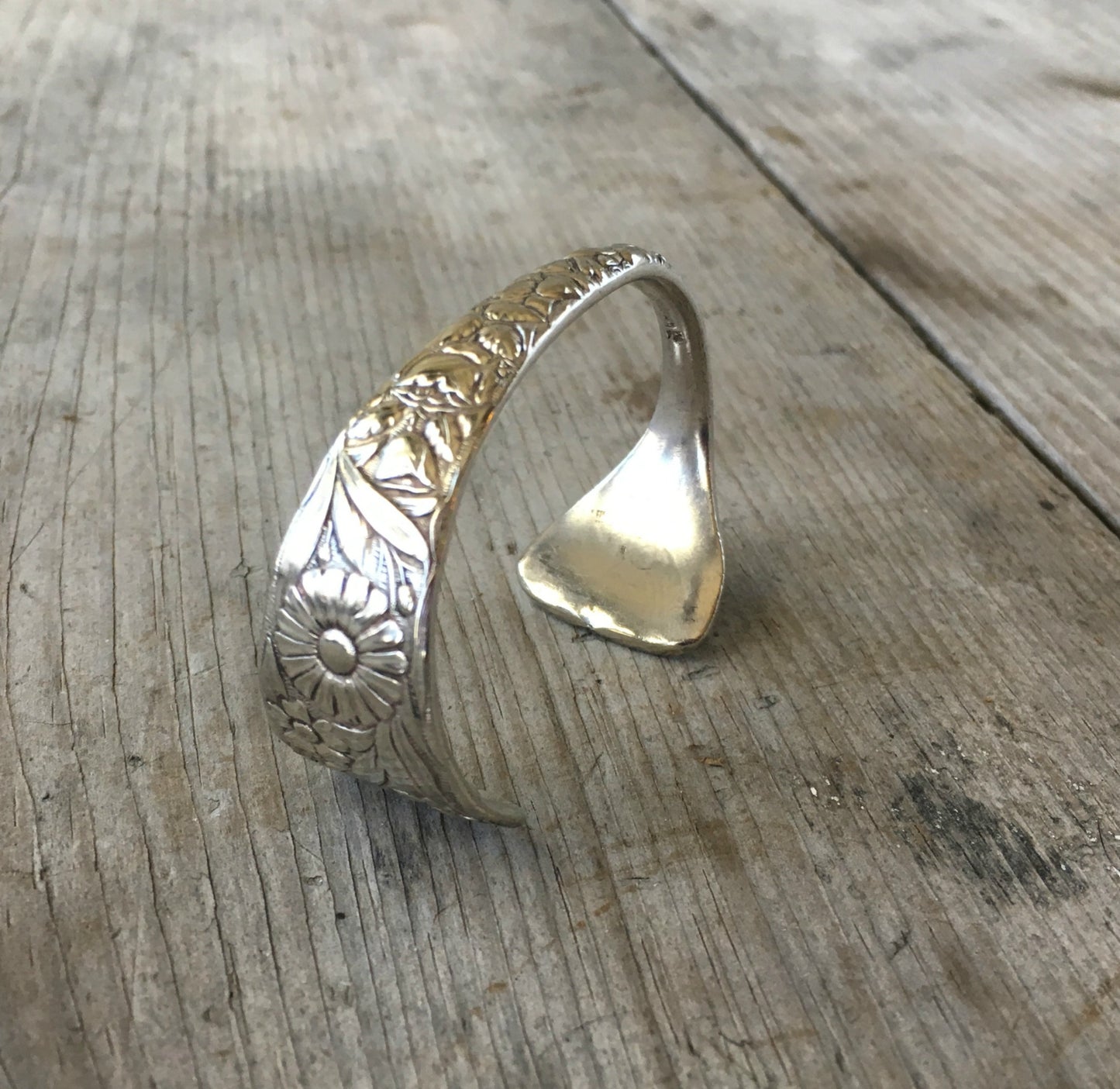 Cuff Braceler made from upcycled spoon decorated with lots of blooming flowers