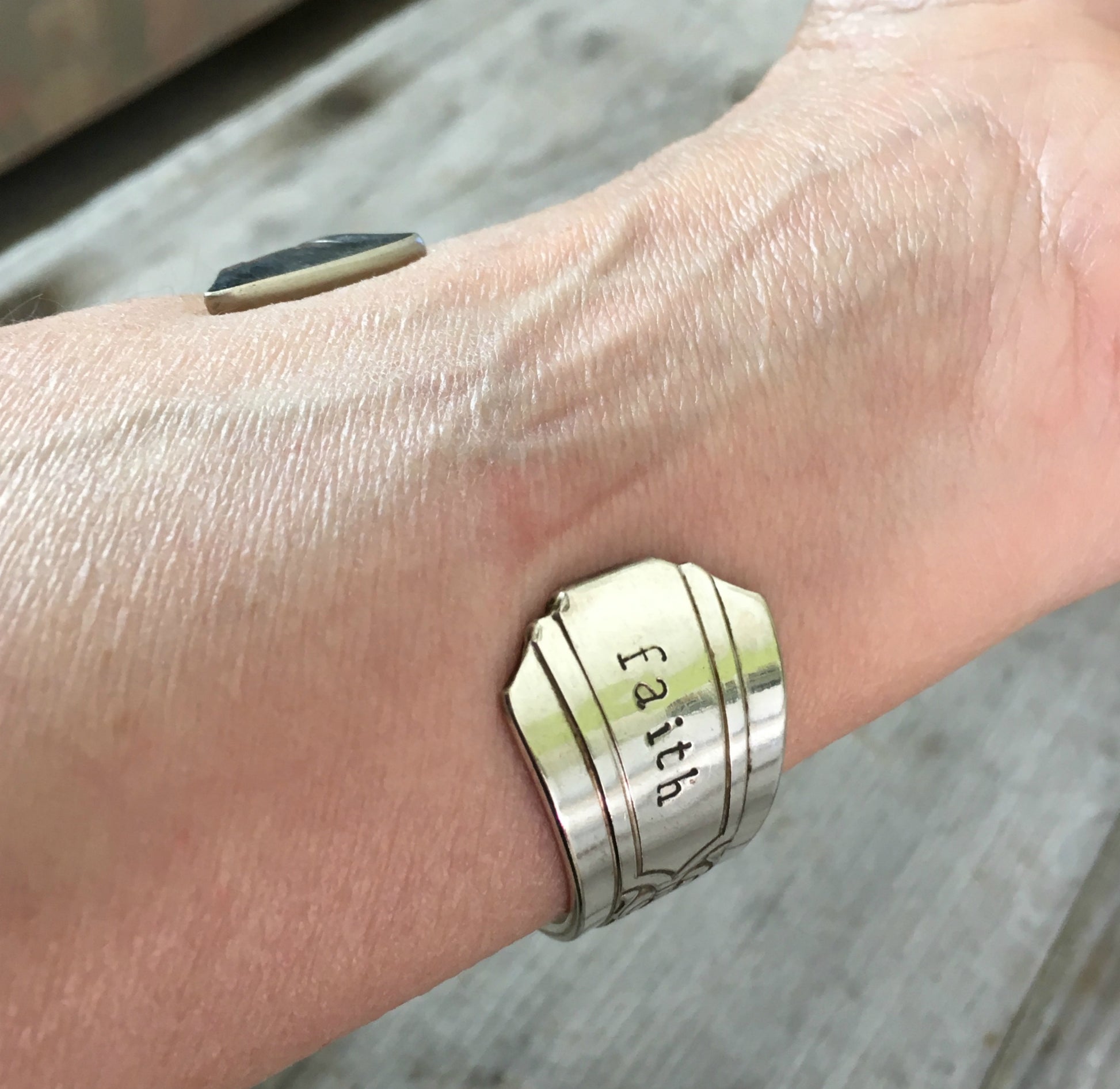 Stamped Spoon Cuff Bracelet Shown On Model