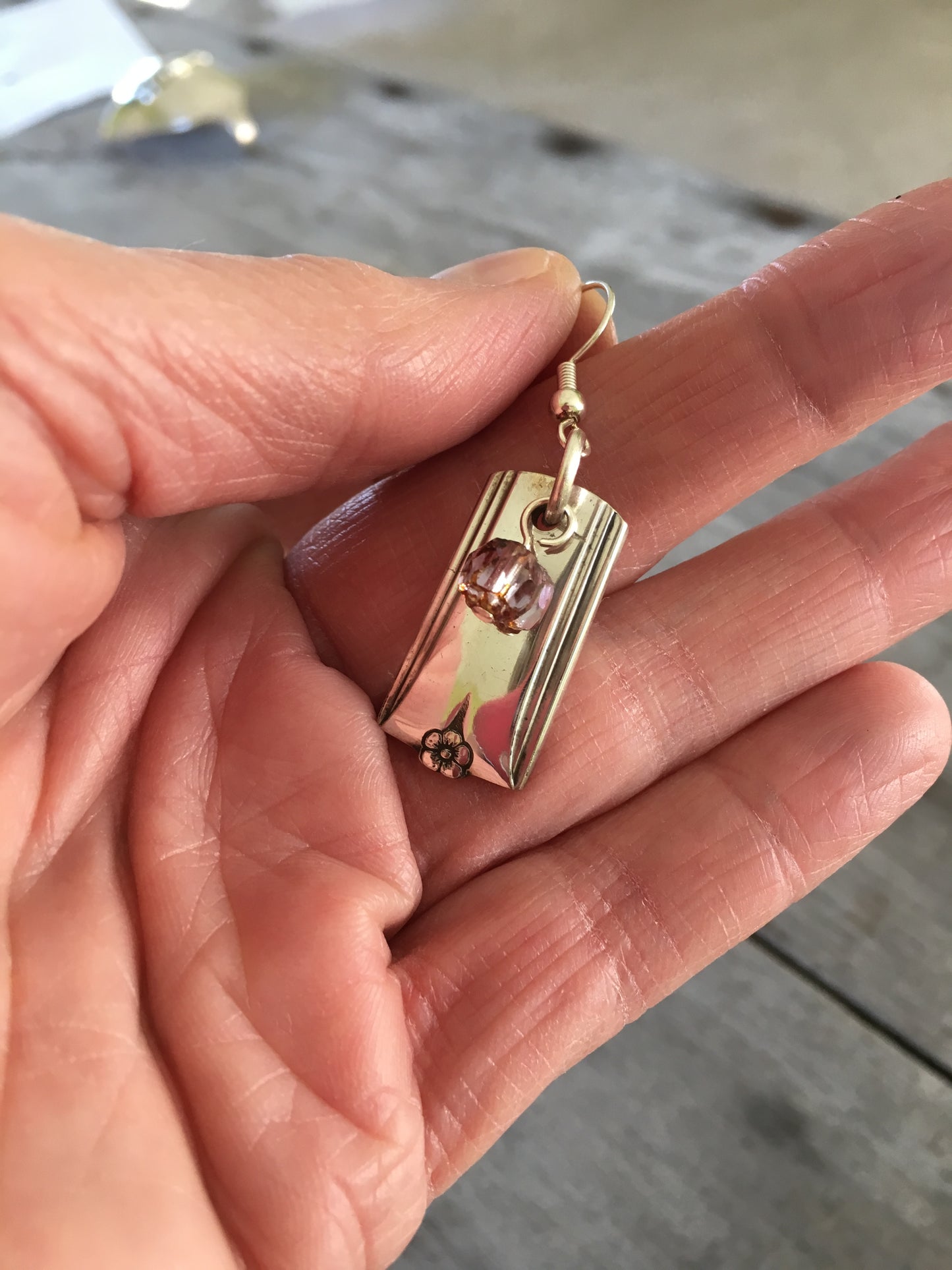 Spoon Earrings King Arthur Shown in Hand for Size Scale