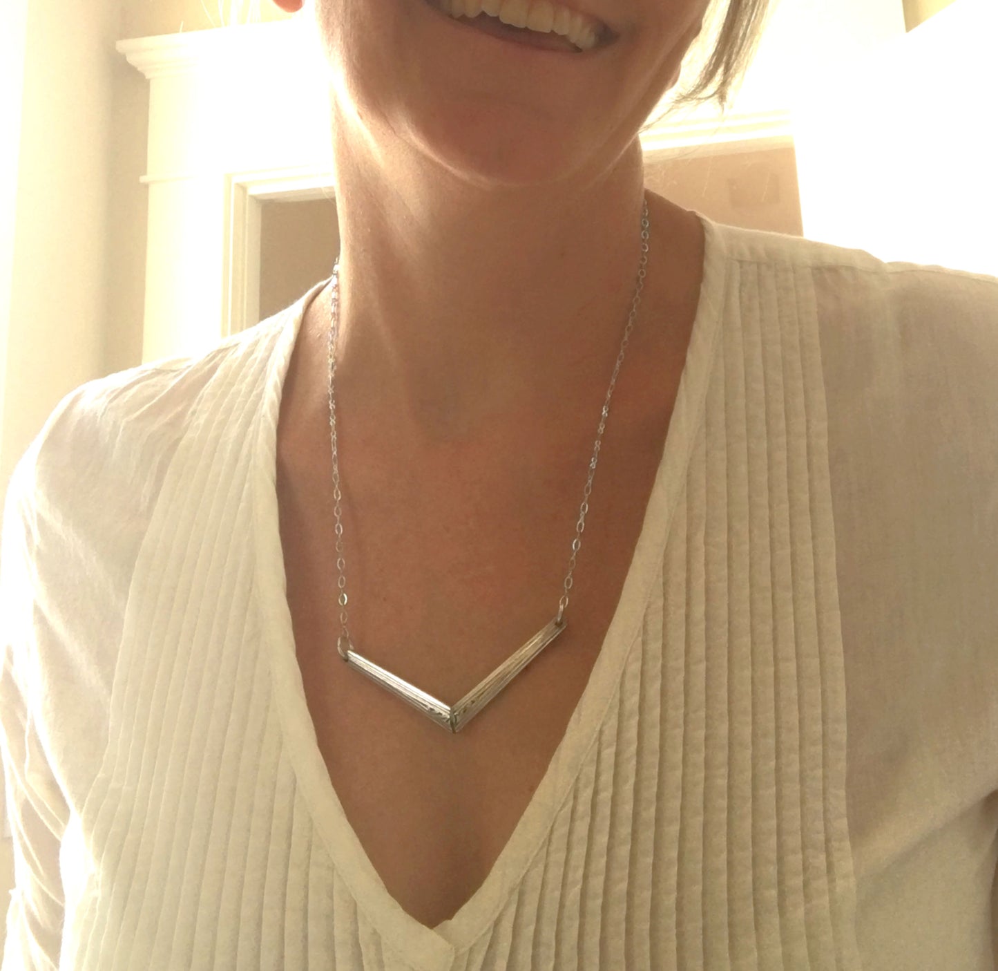 Spoon Handle Necklace in Chevron Shape Shown on Model