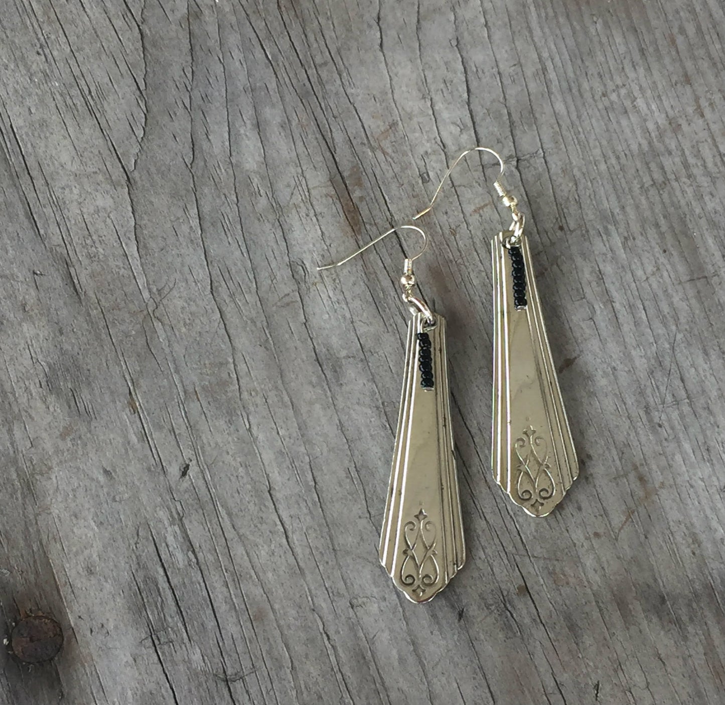 Art Deco Silverware Handle Earrings with Black Bead Accent