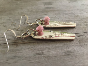 Side view of Spoon Handle Earrings Inheritance Pink Beads