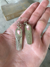 Spoon Handle Silverware Earrings Inheritance Pink Beads Shown In hand for size and scale