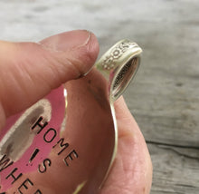 Closeup of neck detail on spoon keychain hand stamped home is where you mom is