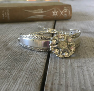 Recycled Silverware Jewelry Bracelet in Pattern Name Sharon with vintage rhinestone button as centerpiece