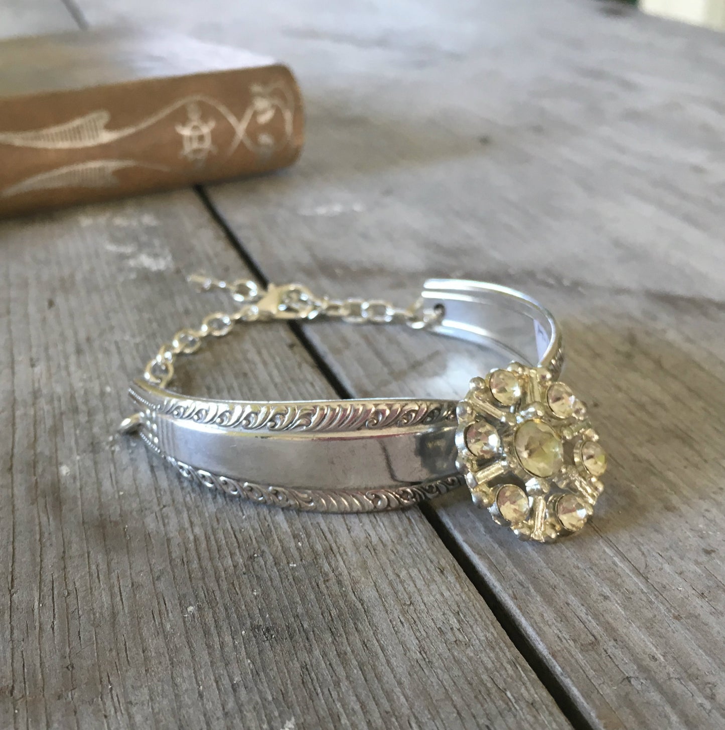 Antique Silverware Handle bracelet with rhinestone button centerpiece