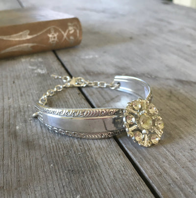 Antique Silverware Handle bracelet with rhinestone button centerpiece