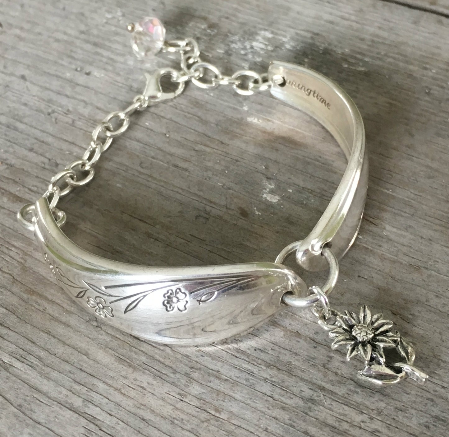 1847 Springtime Spoon Link Bracelet with Czech Glass bead and flower charm