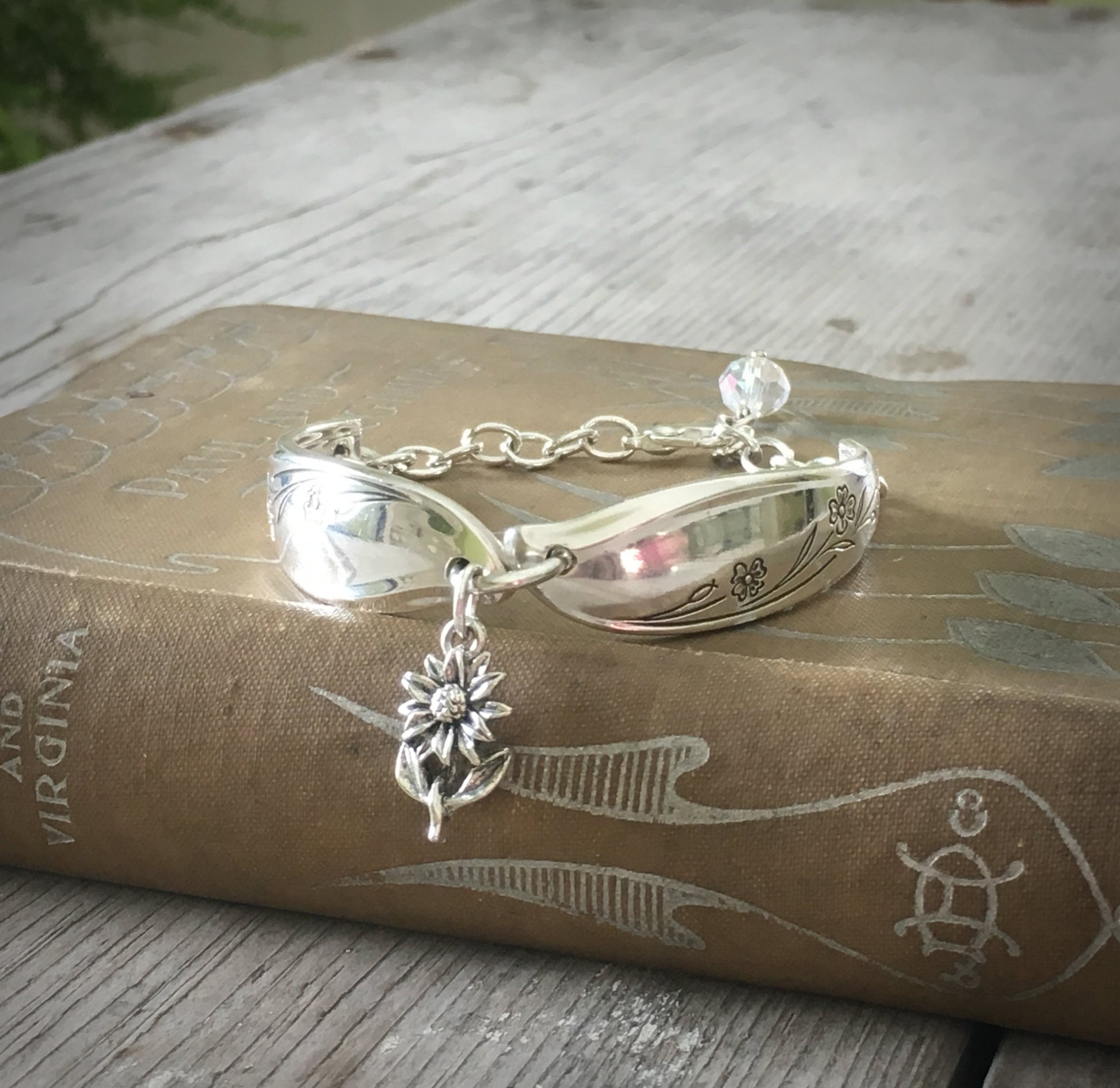 Upcycled Silverware Bracelet made from spoon handles and czech glass bead