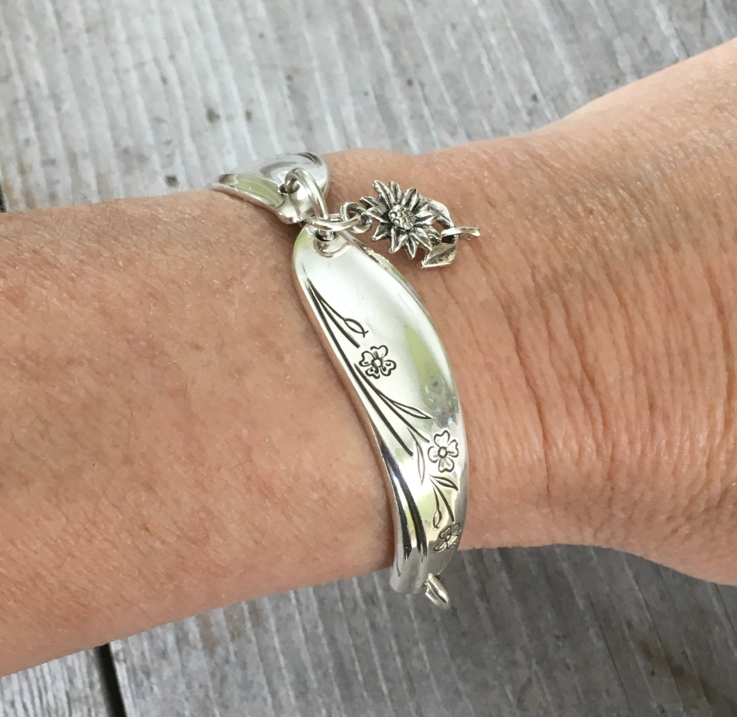 Spoon Link Bracelet shown on model wrist for size and scale