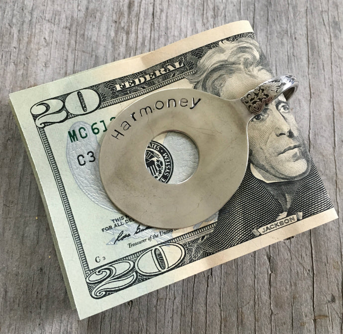 Spoon Money Clip Banjo Shape Harmoney Hand Stamped on Alhambra Spoon