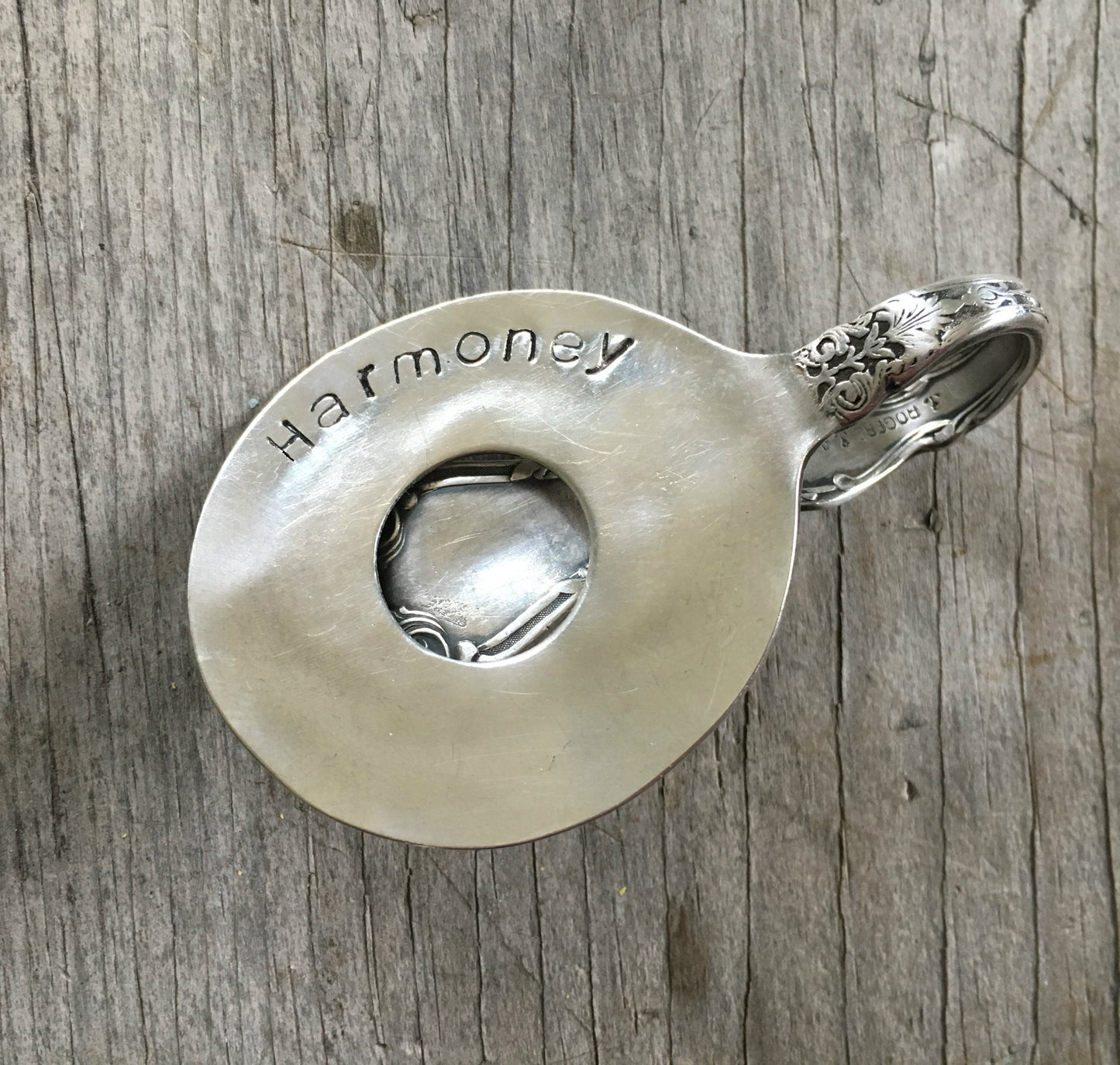 Spoon Money Clip Banjo Shape Harmoney Hand Stamped on Alhambra Spoon