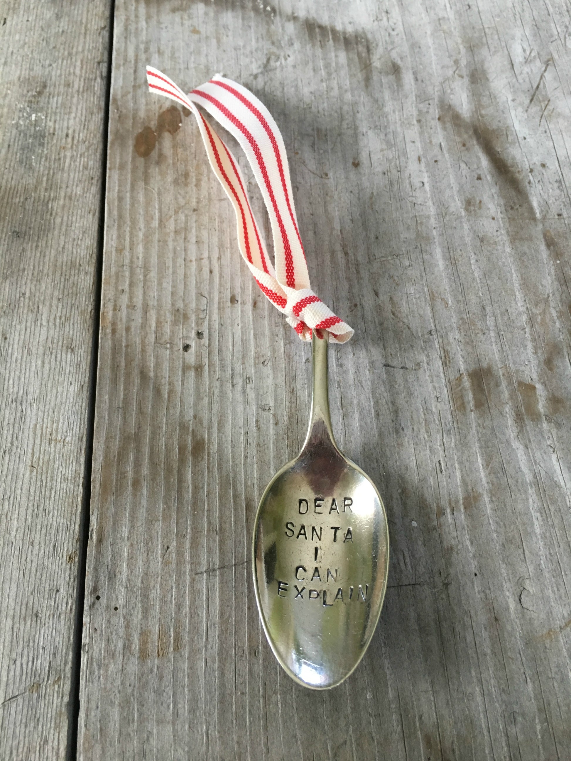 Spoon Ornament with red and white ribbon