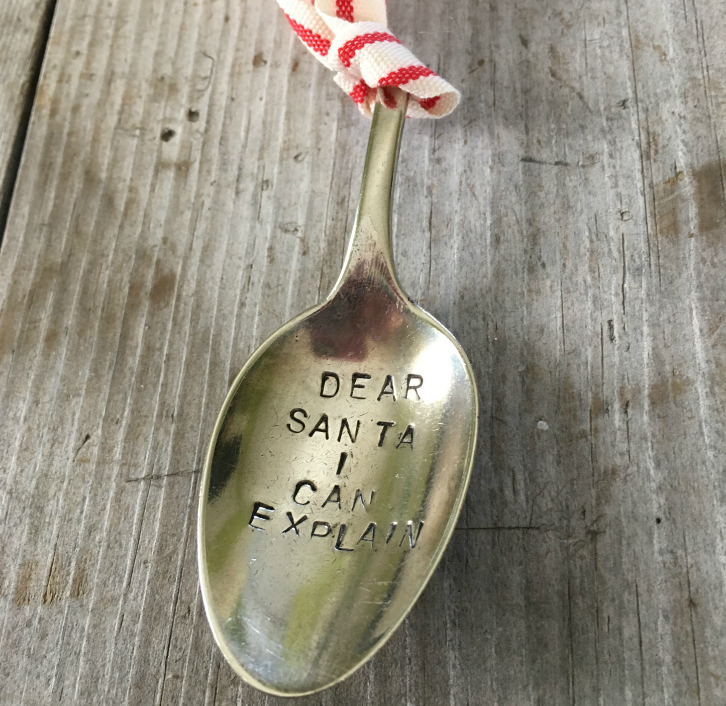 Silverplate spoon ornament handstamped with holiday phrase