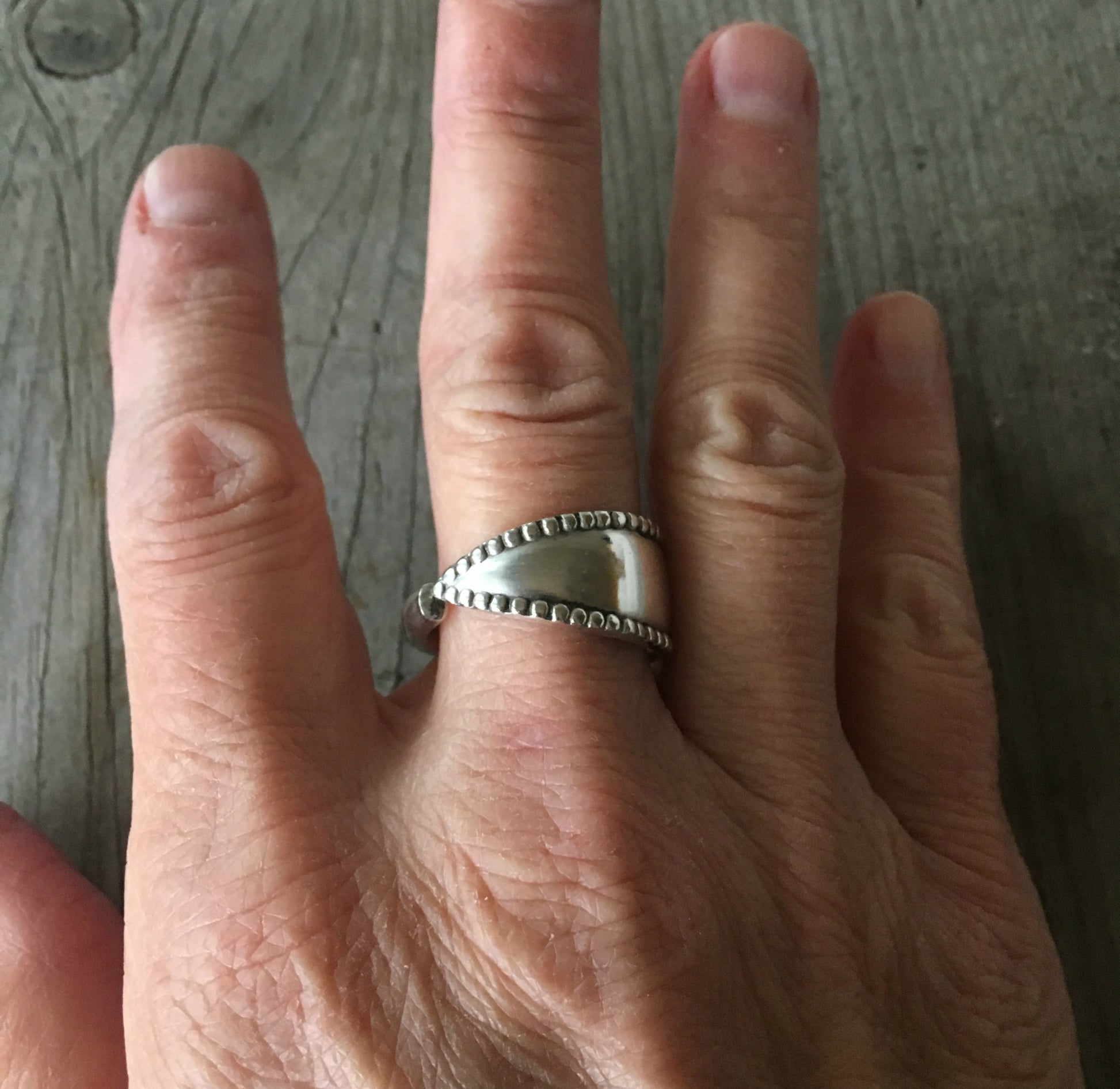 Spoon Ring from 1847 Rogers Vesta Size 10 shown on model's hand