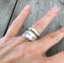 Coil Wrap Girl Boss Stamped Spoon Ring Shown on Model Hand