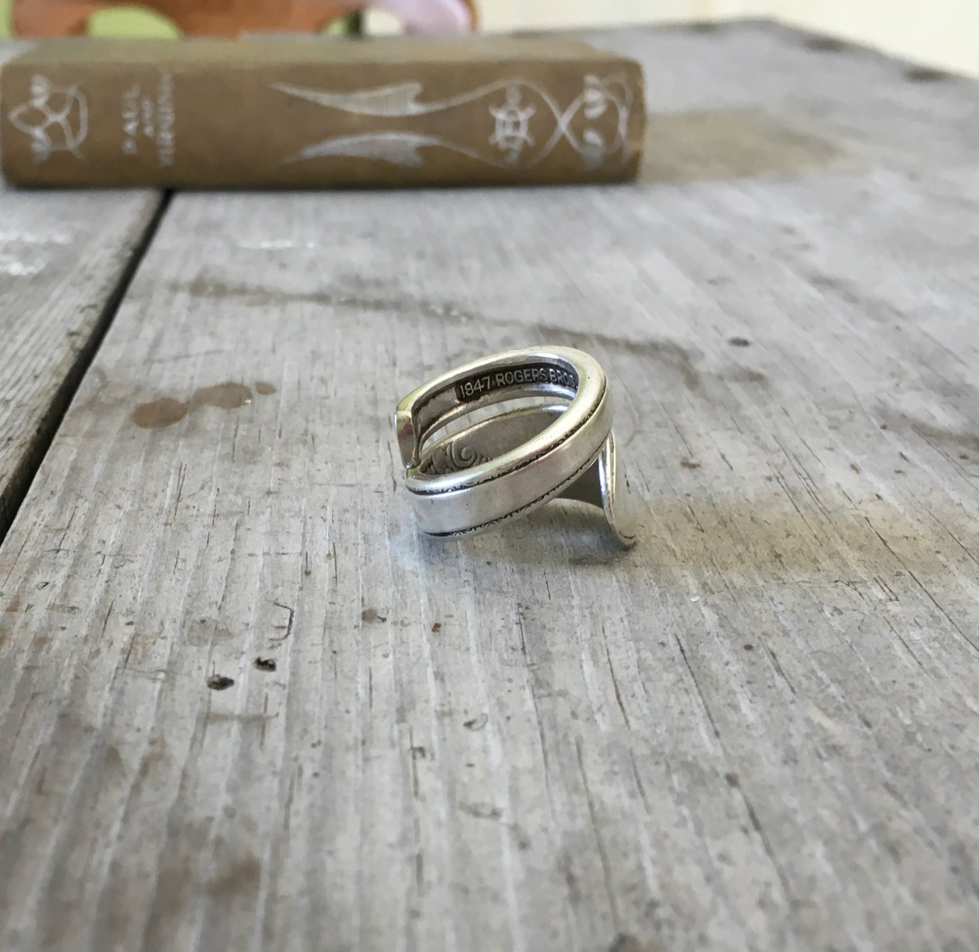 Back View Spoon Ring Stamped Girl Boss Adoration Pattern in Coil Wrap Design