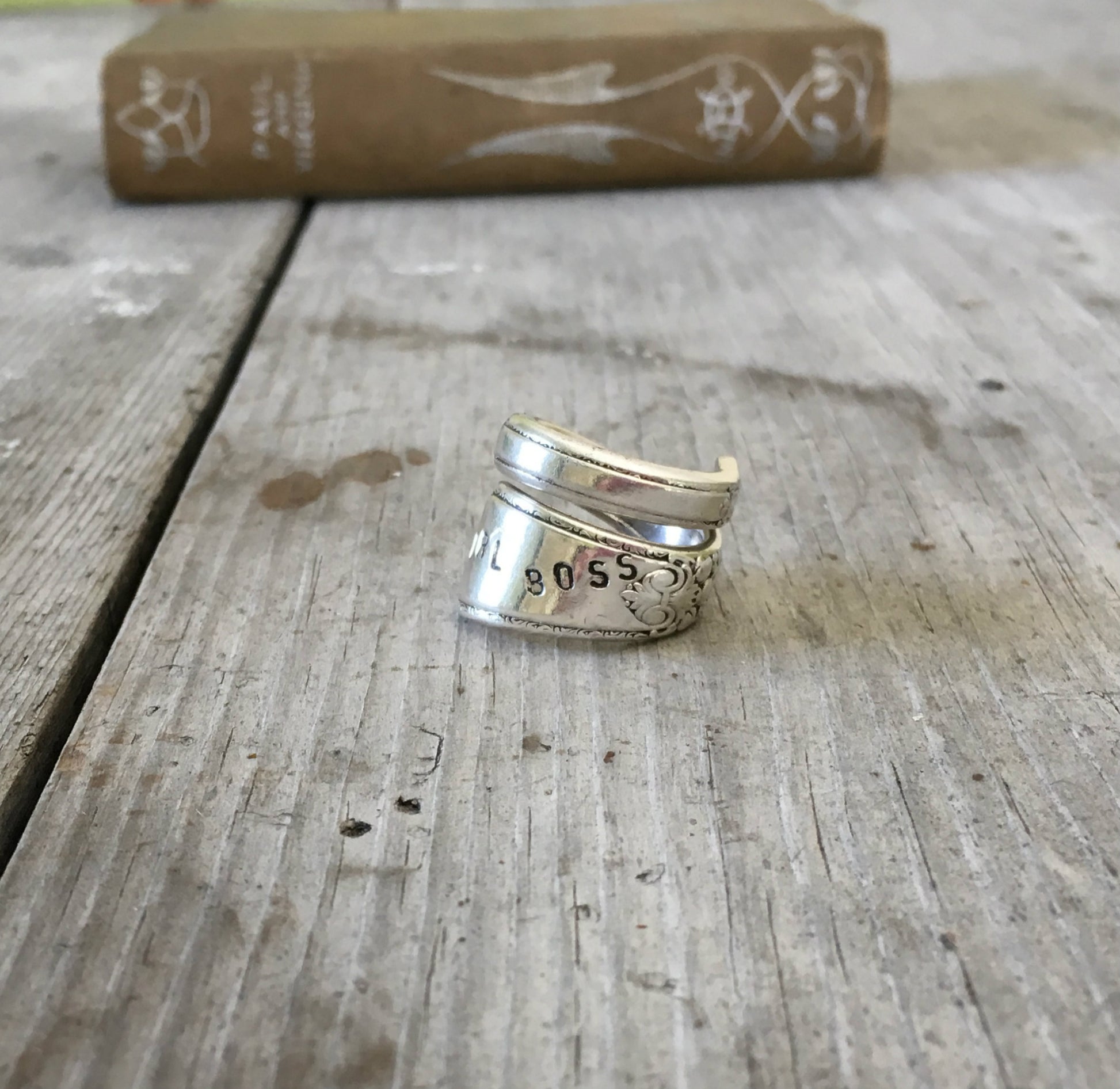 Spoon Ring Stamped Girl Boss Adoration Pattern in Coil Wrap Design View 2 Size 7