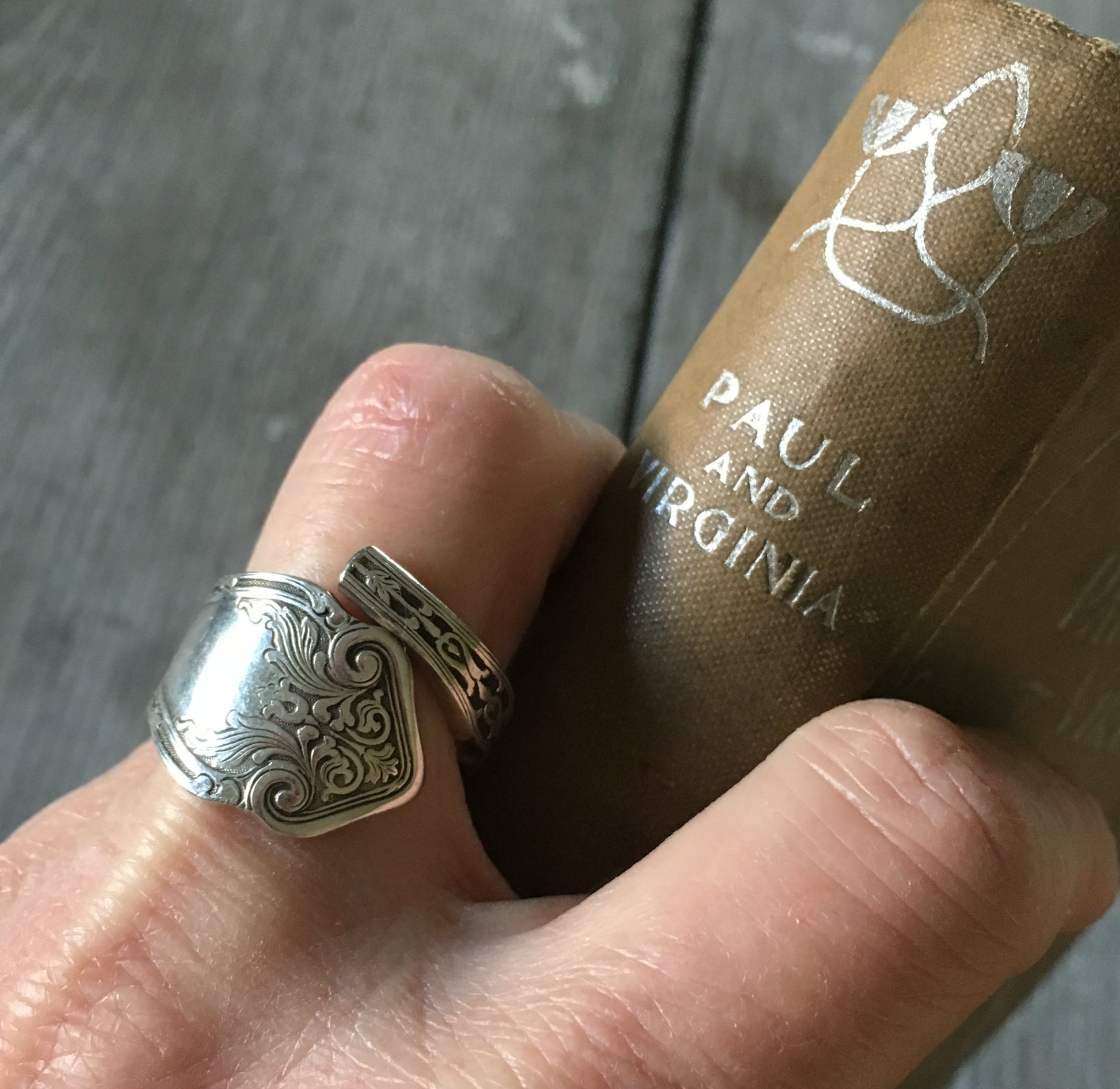 Spoon Ring Coil Wrap Alhambra Size 8 Shown on Model Hand 3759