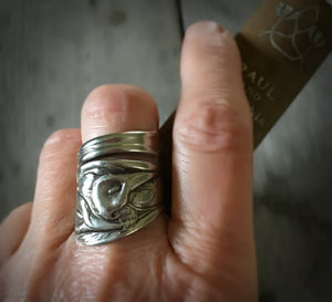 Peace Lily Upcycled Spoon Ring in Coil Wrap Style Shown on Model