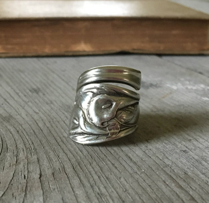 Coil Wrap Spoon Ring Covered In Embossed Peace Lilies Size 8