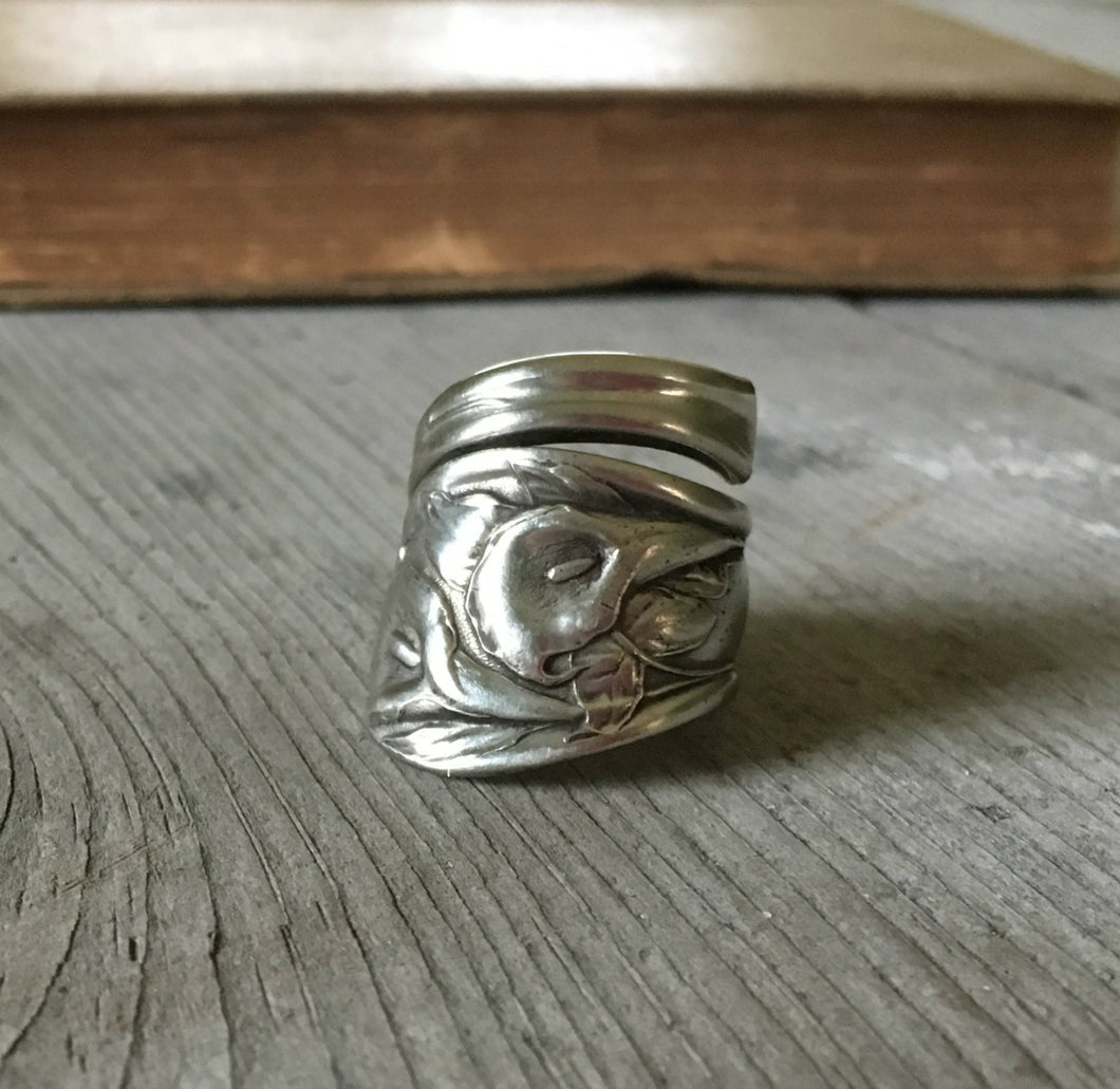 Coil Wrap Spoon Ring Covered In Embossed Peace Lilies Size 8