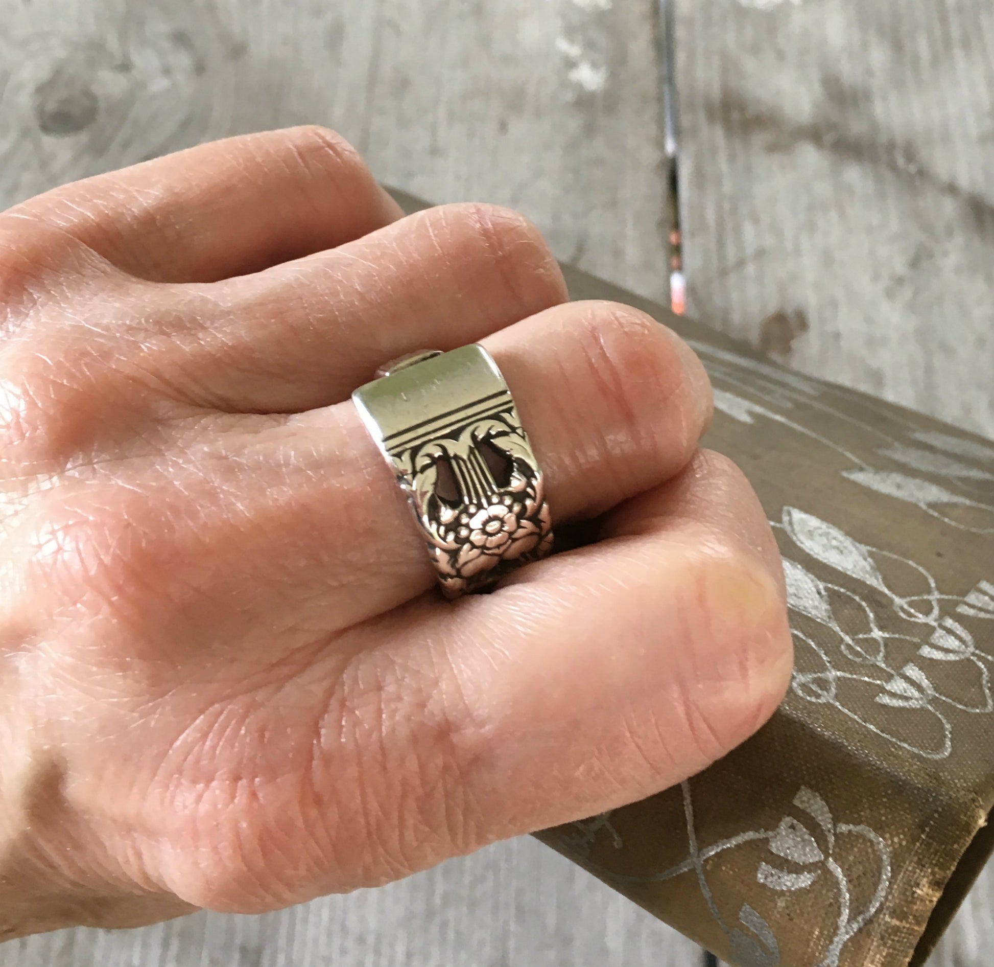 CORONATION spoon ring worn on hand showing size and fit of handmade upcycled silverware ring