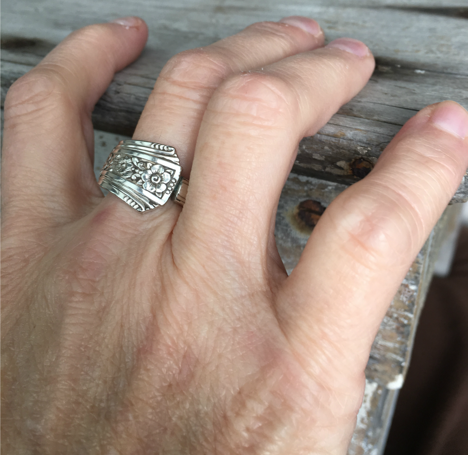 Fortune pattern spoon ring worn on hand - Spoon Ring - handcrafted from upcycled vintage silverware - Laughing Frog Studio