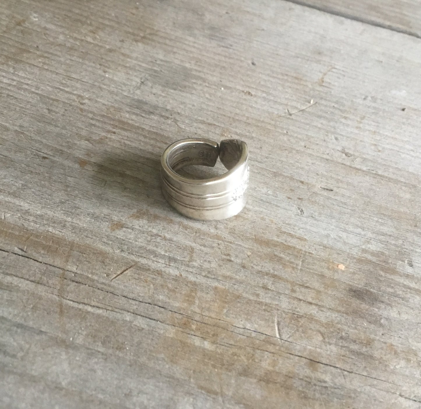 Back view of size 6 Imperial spoon ring with Art Deco design - upcycled vintage silverware jewelry