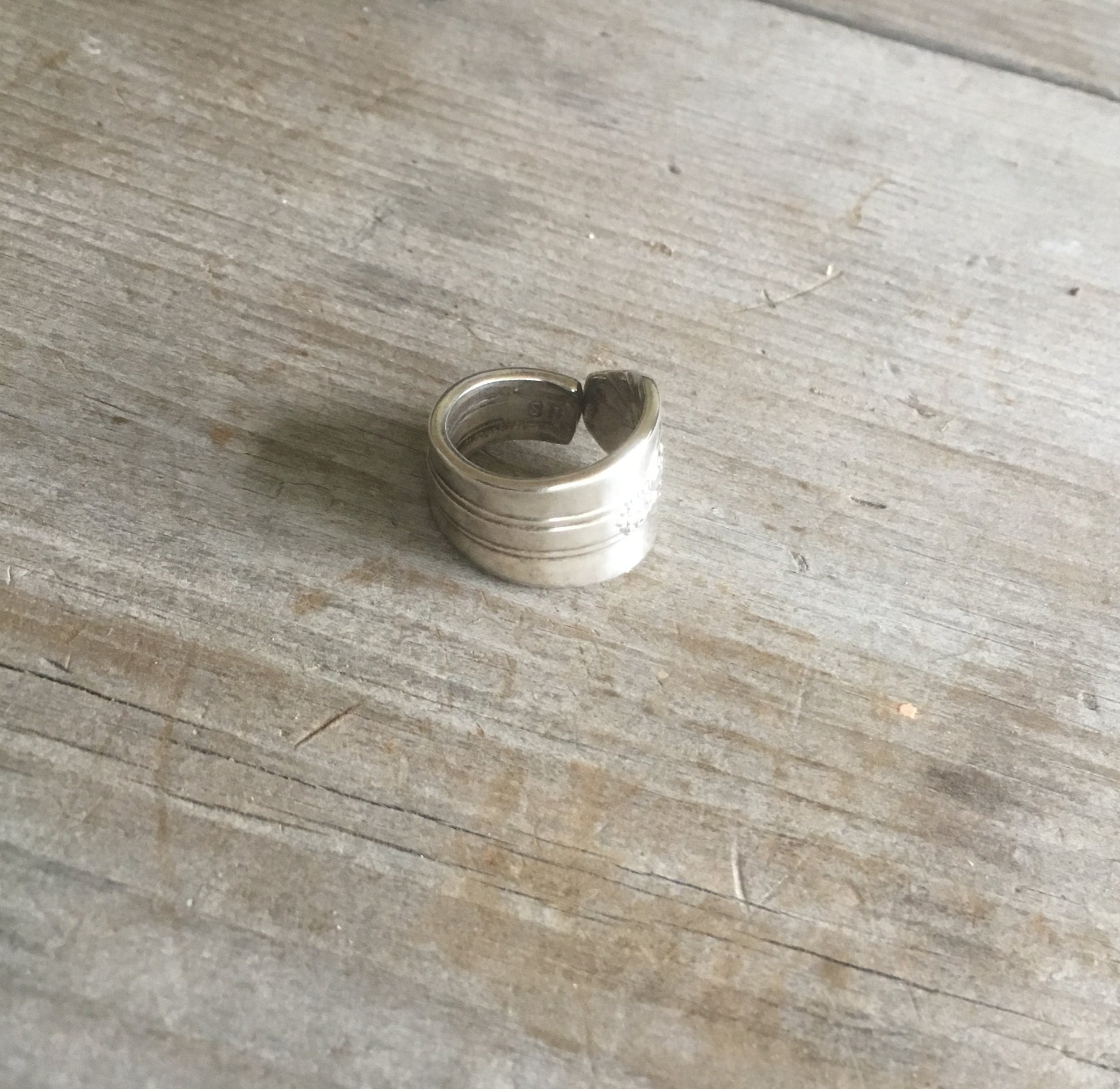 Back view of size 6 Imperial spoon ring with Art Deco design - upcycled vintage silverware jewelry