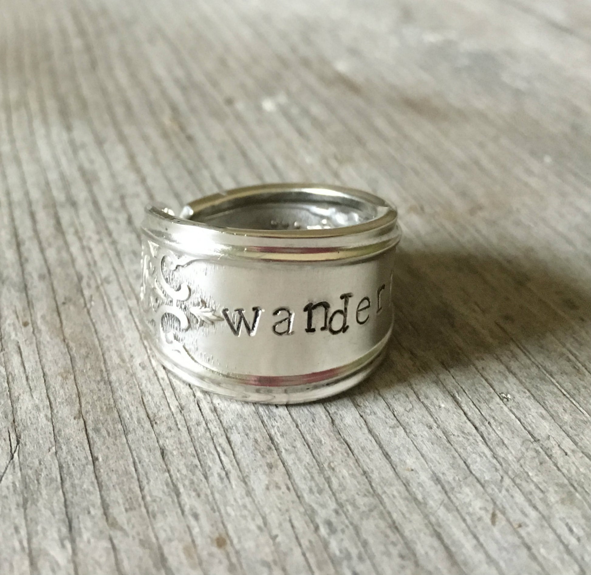 Wanderlust hand stamped spoon ring 