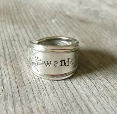 Wanderlust hand stamped spoon ring 