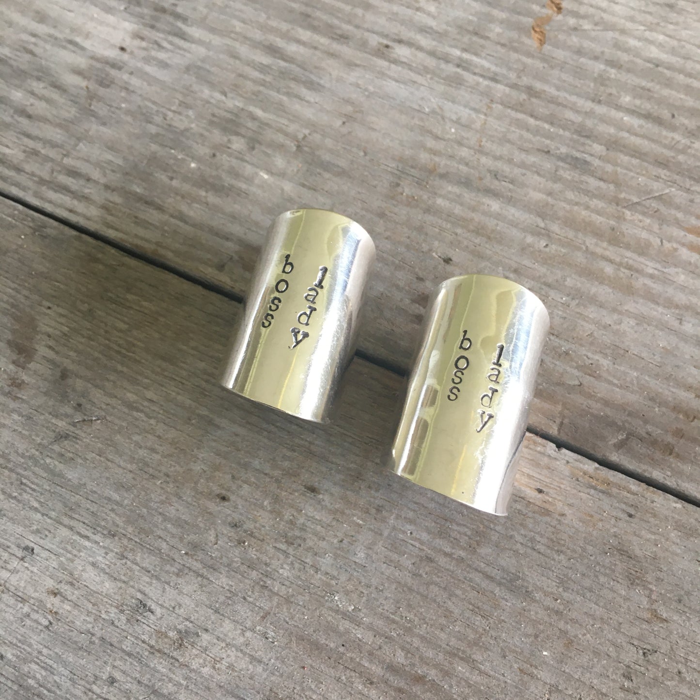 Pair of Boss Lady hand-stamped spoon cuff rings - upcycled vintage silverware jewelry