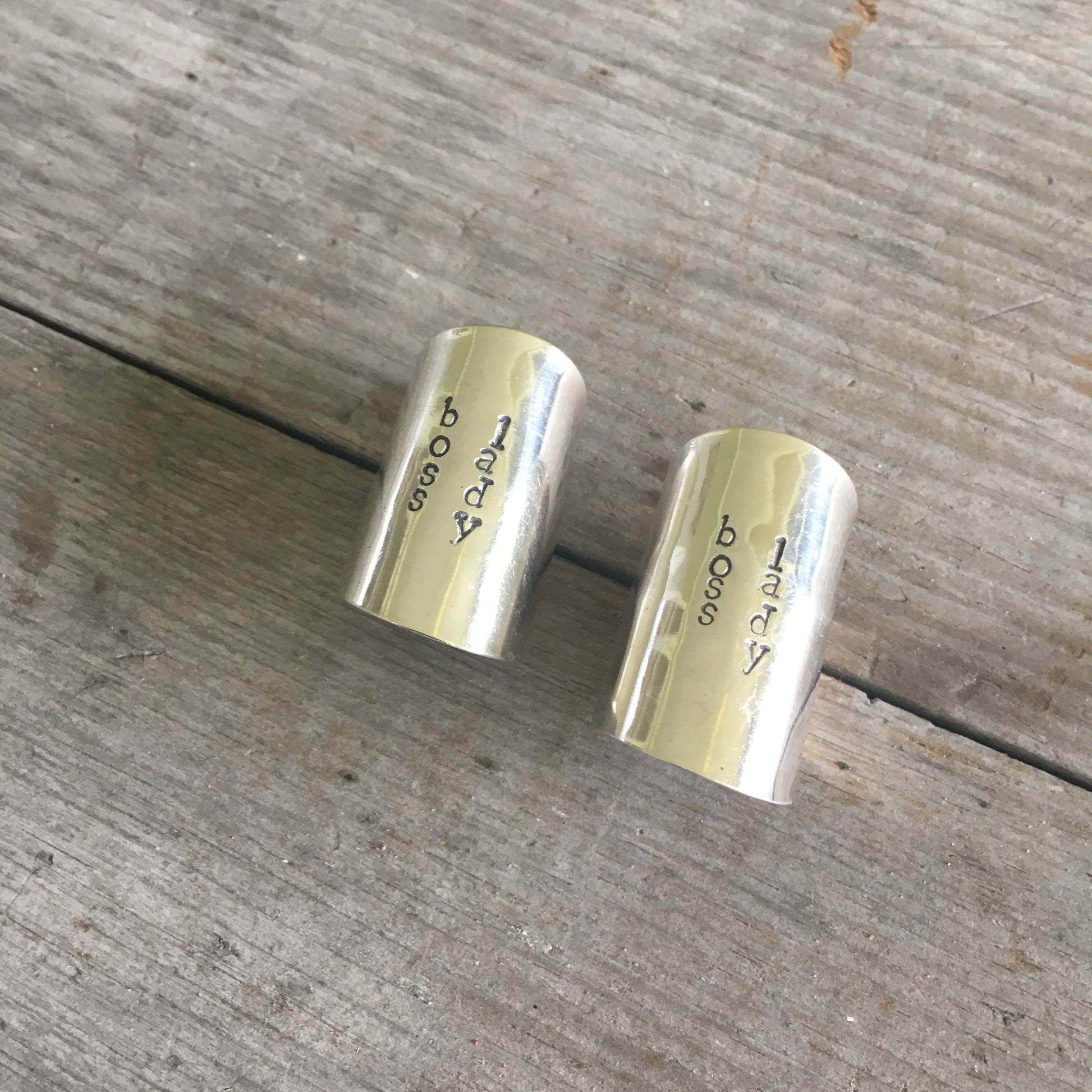 Pair of Boss Lady hand-stamped spoon cuff rings - upcycled vintage silverware jewelry