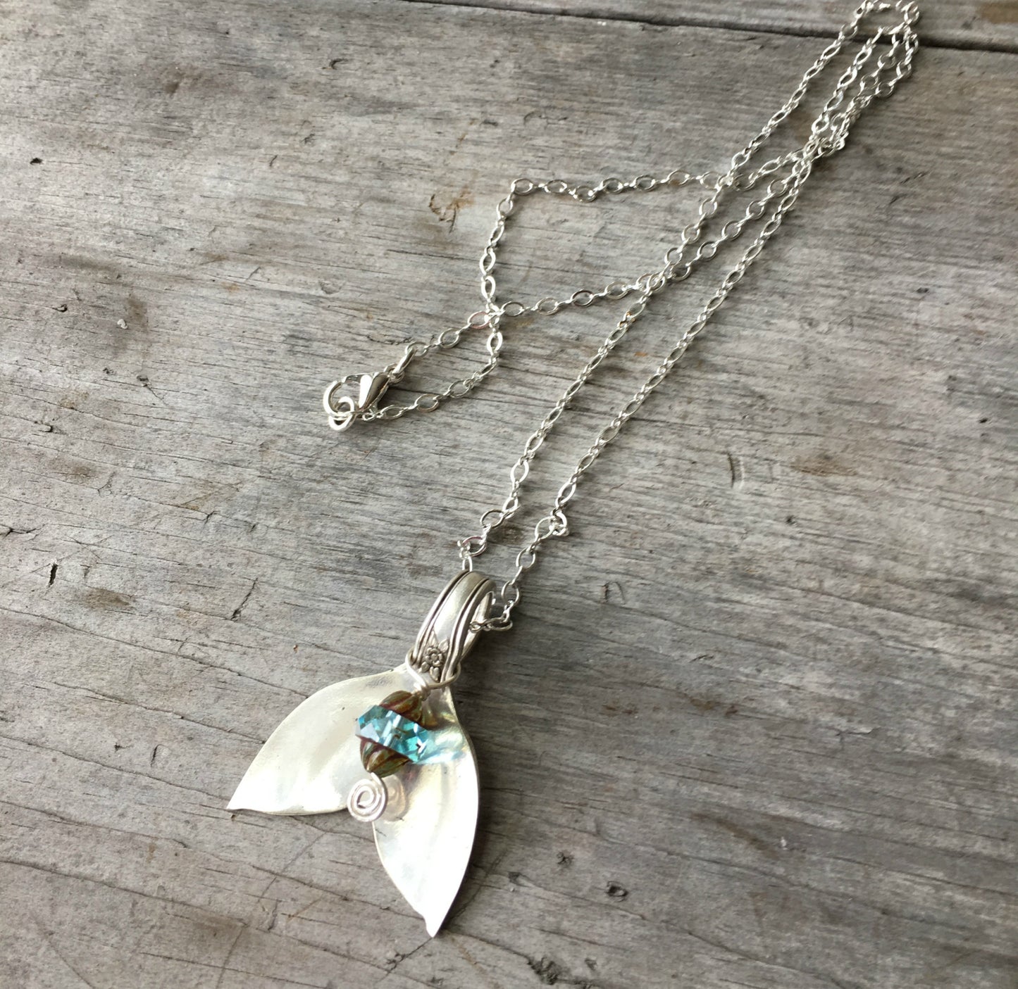 Recycled Silverware Spoon Necklace Whale Tail with glass bead