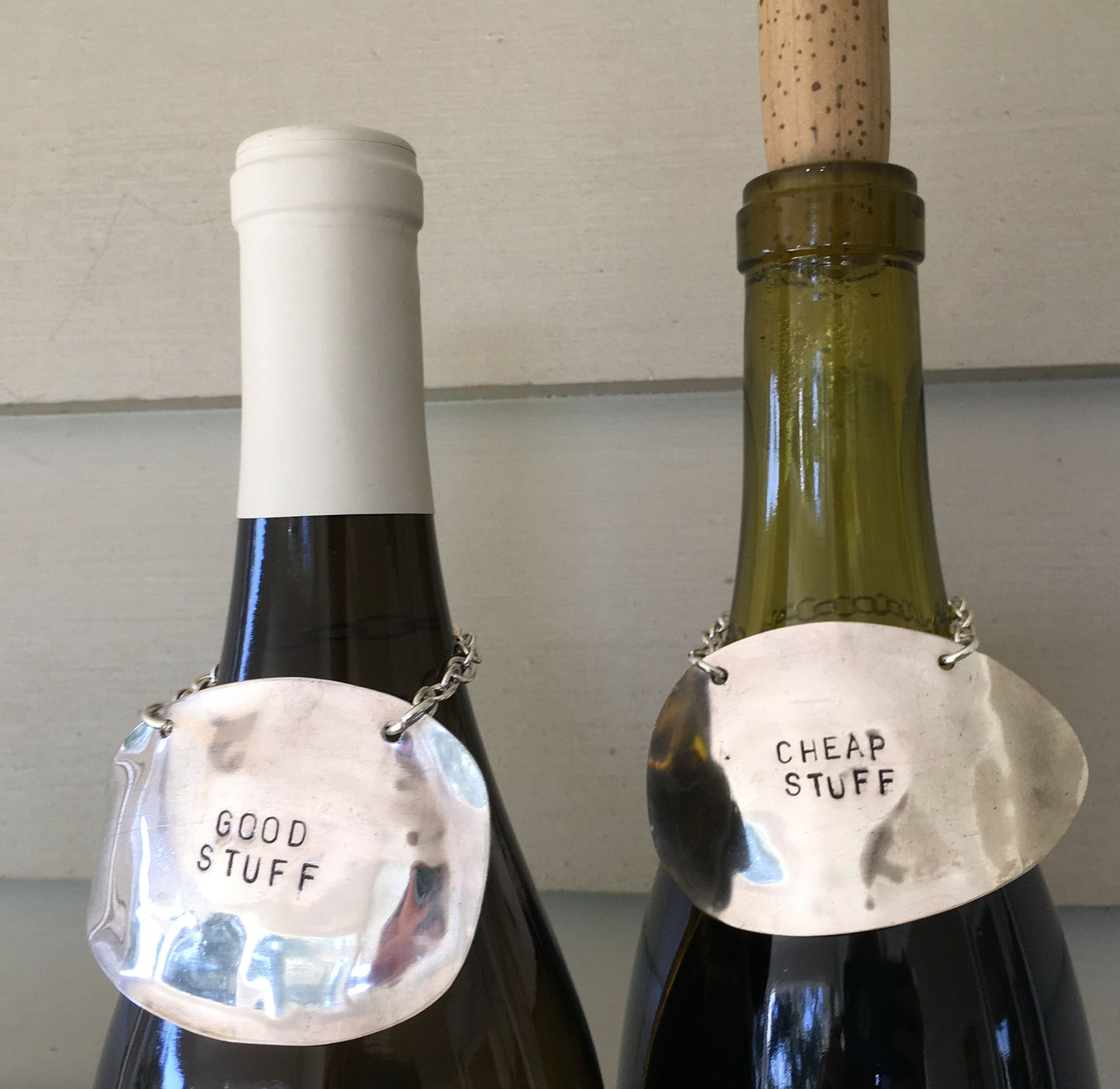 Wine labels made from vintage silverplate spoon cheap stuff good stuff