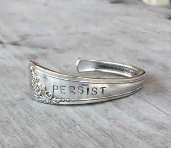 Spoon Cuff Bracelet Handstamped with Persist on Queen Bess Serving Spoon 3328