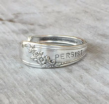 Highlight of floral detail on handstamped spoon cuff bracelet persist 3328
