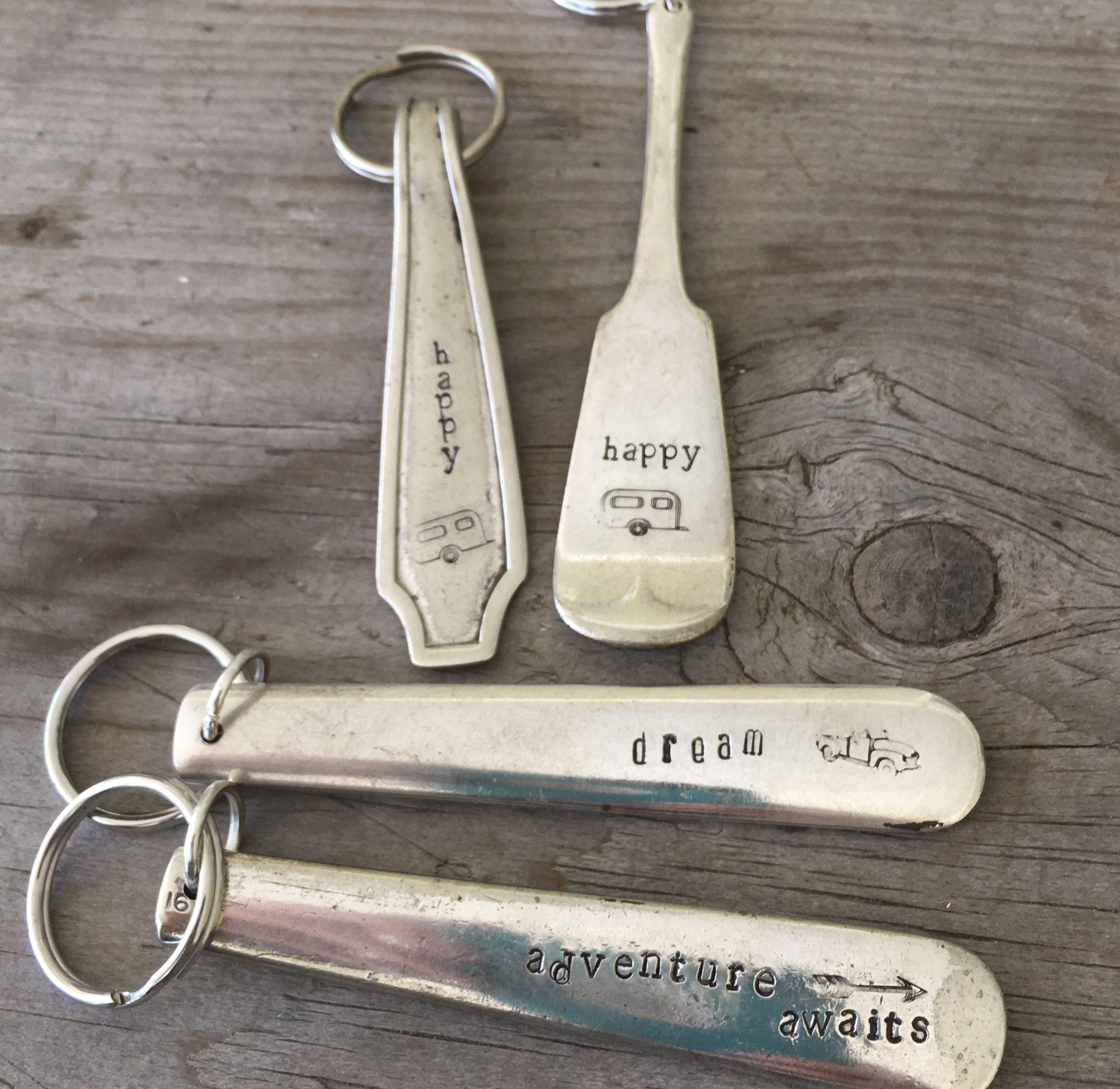 Adventure themed vintage spoon keychains hand stamped upcycled silverware outdoor gifts