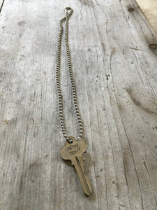 upcycled key necklace stamped with gypsy soul on long vintage ball chain