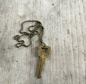 Vintage Gold Tone Hand Stamped Key LIVE FREE on ball chain