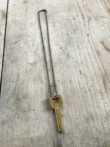 Vintage Gold Tone Hand Stamped Key LIVE FREE on 18 inch ball chain