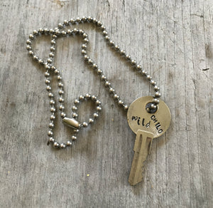 Hand Stamped Upcycled Key Necklace WILD CHILD with vintage ball chain