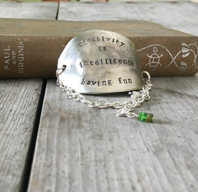 Stamped Spoon Bracelet Creativity is Intelligence Having Fun green bead