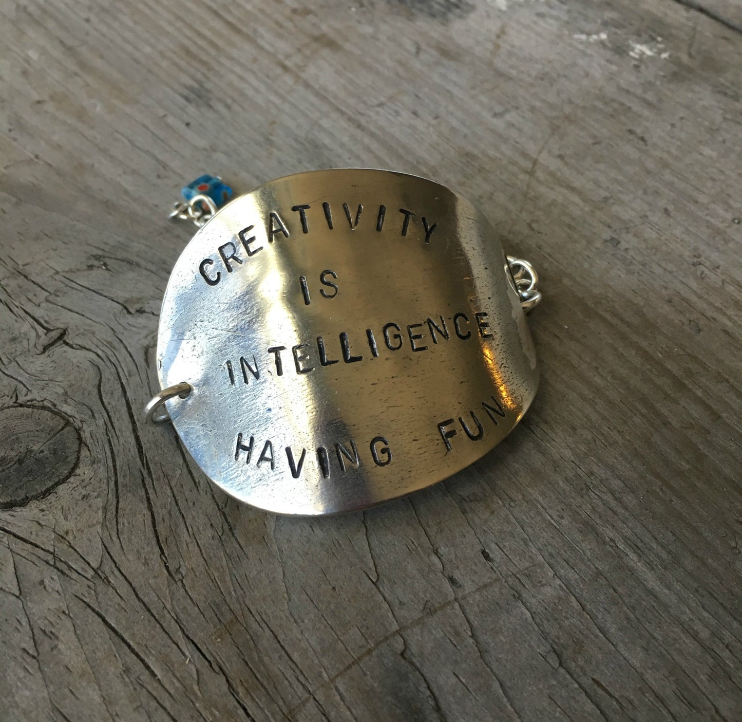 Upcycled Spoon Bracelet with Link Chain and Millifiori Bead Hand Stamped