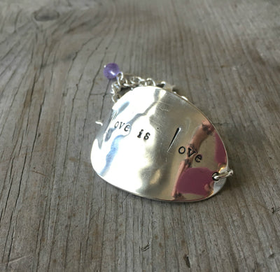 Handtamped Silverware Spoon Bracelet Love is Love with lavendar glass bead