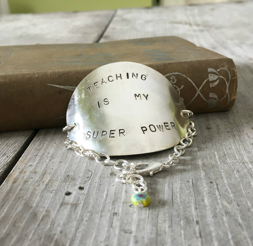 Stamped Spoon Bracelet Teaching is My Super Power with Yellow Bead